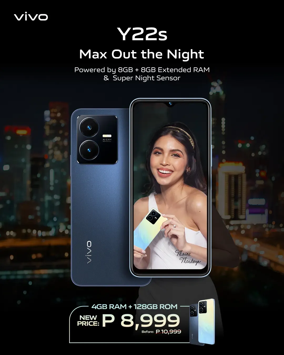 Vivo Y22s front and back with maine mendoza