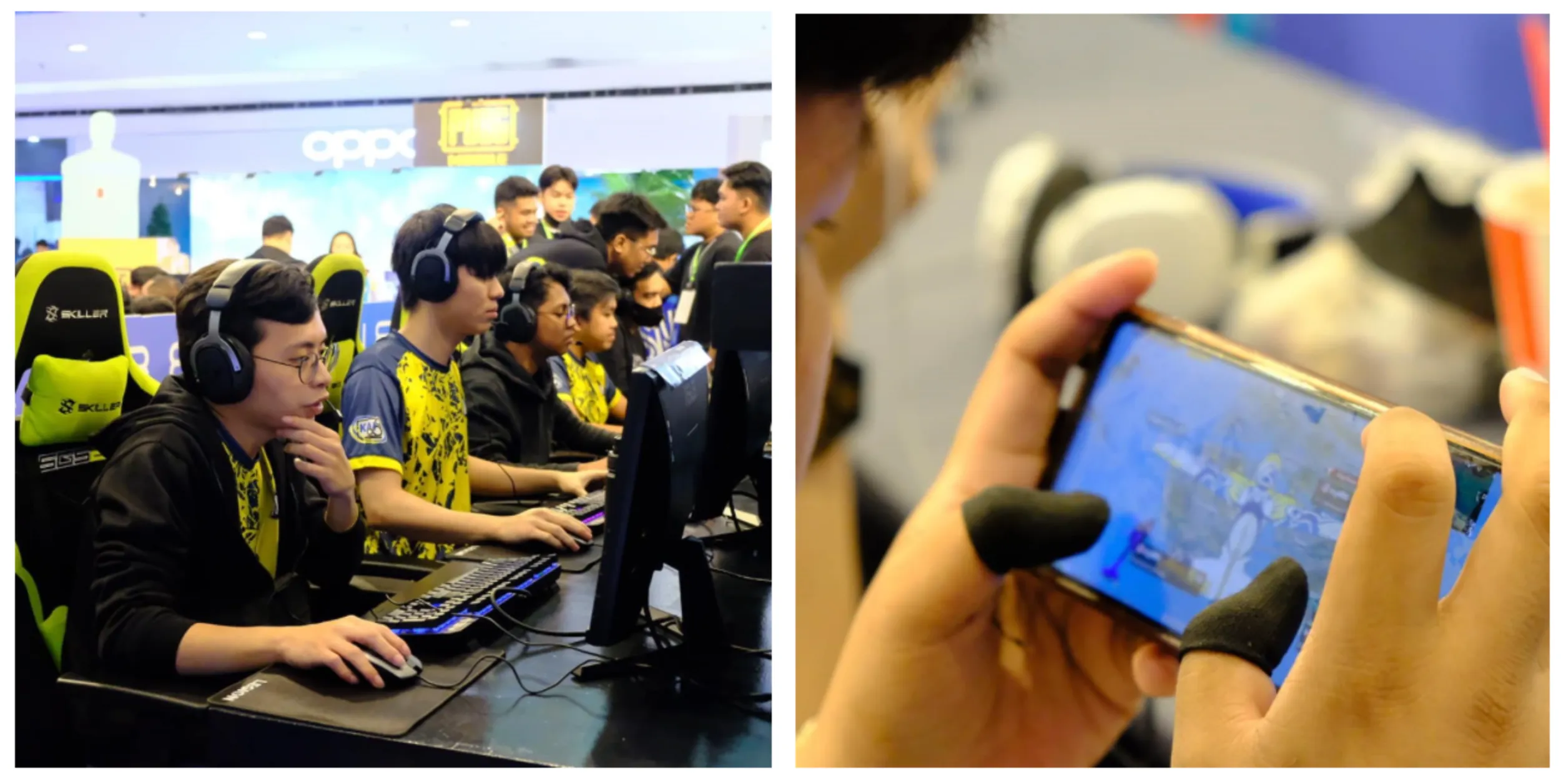 hand with thumb protectors playing a mobile game