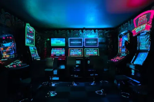 arcade games in a dark room