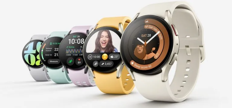 Samsung Galaxy watch 6 in different colored bands showing the interface