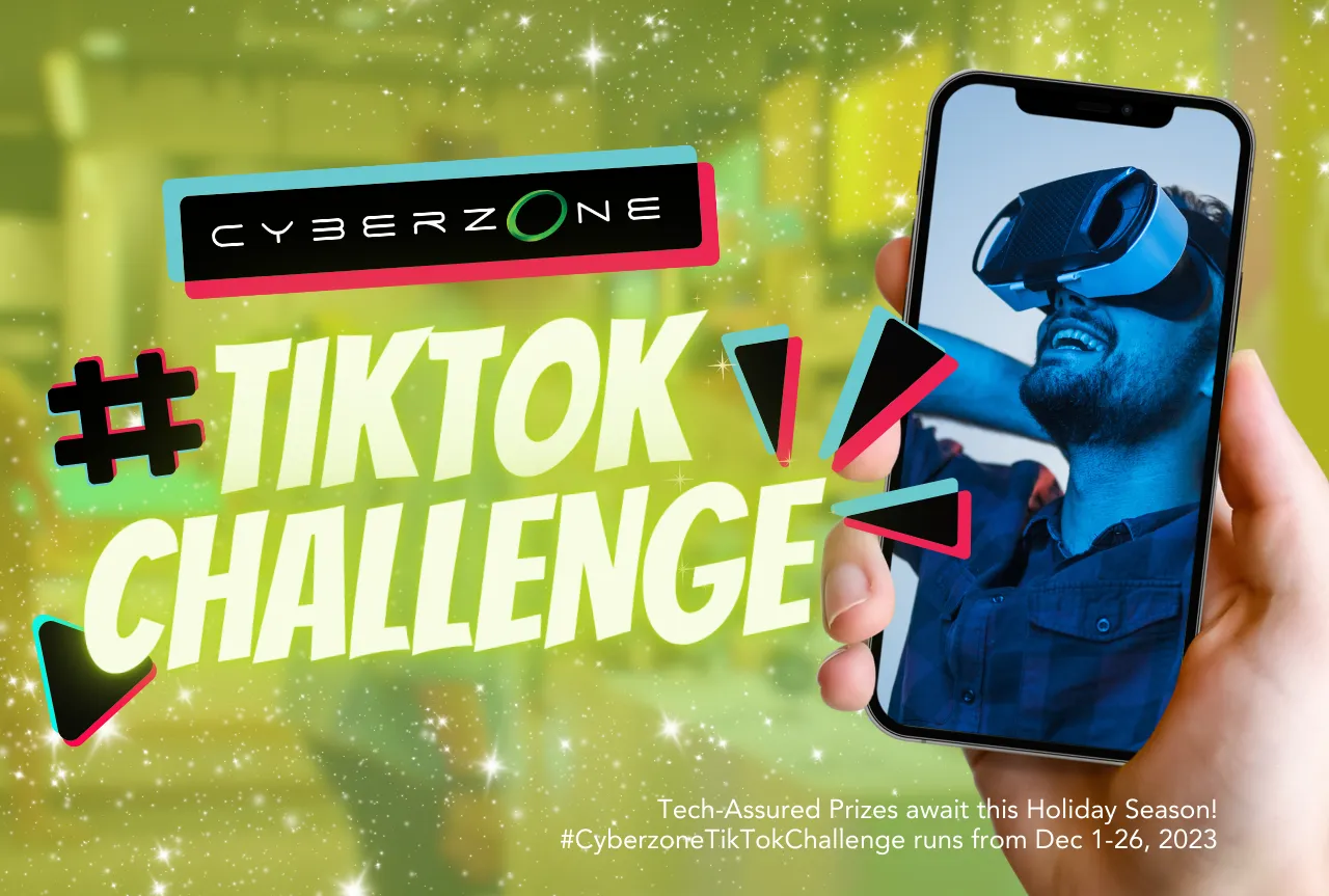 SM cyberzone tiktok challenge, hand holding a phone with a man using a VR headset