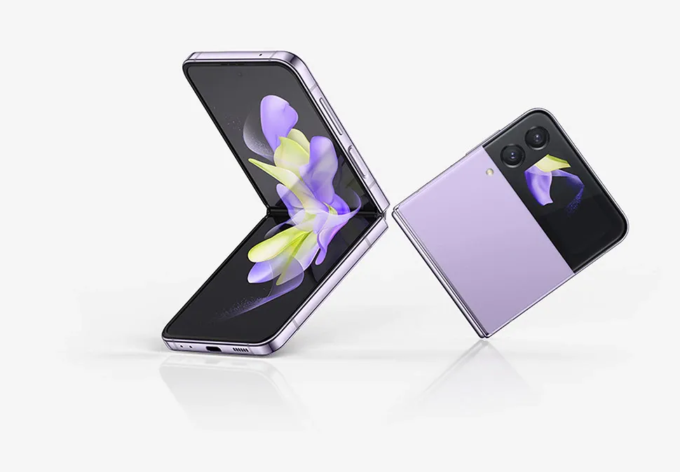 half folded and folded samsung galaxy z flip phones violet