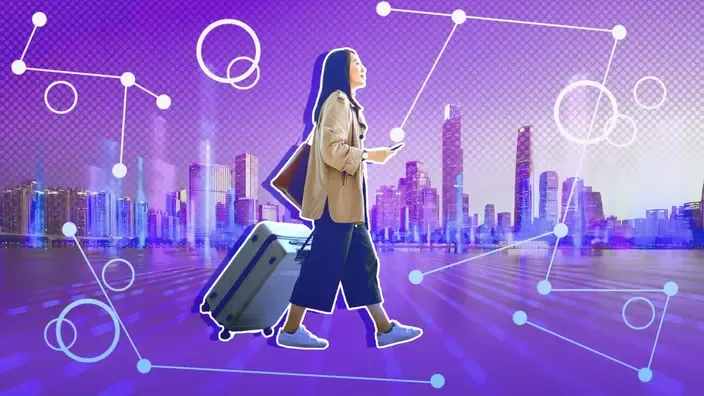 tech traveling woman with a suitcase on purple background