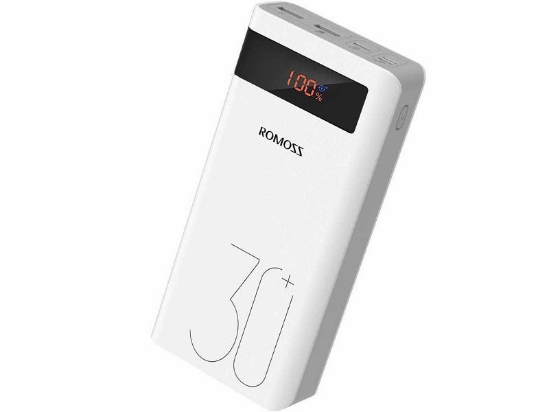 white power bank tilted with a n orange digital screen